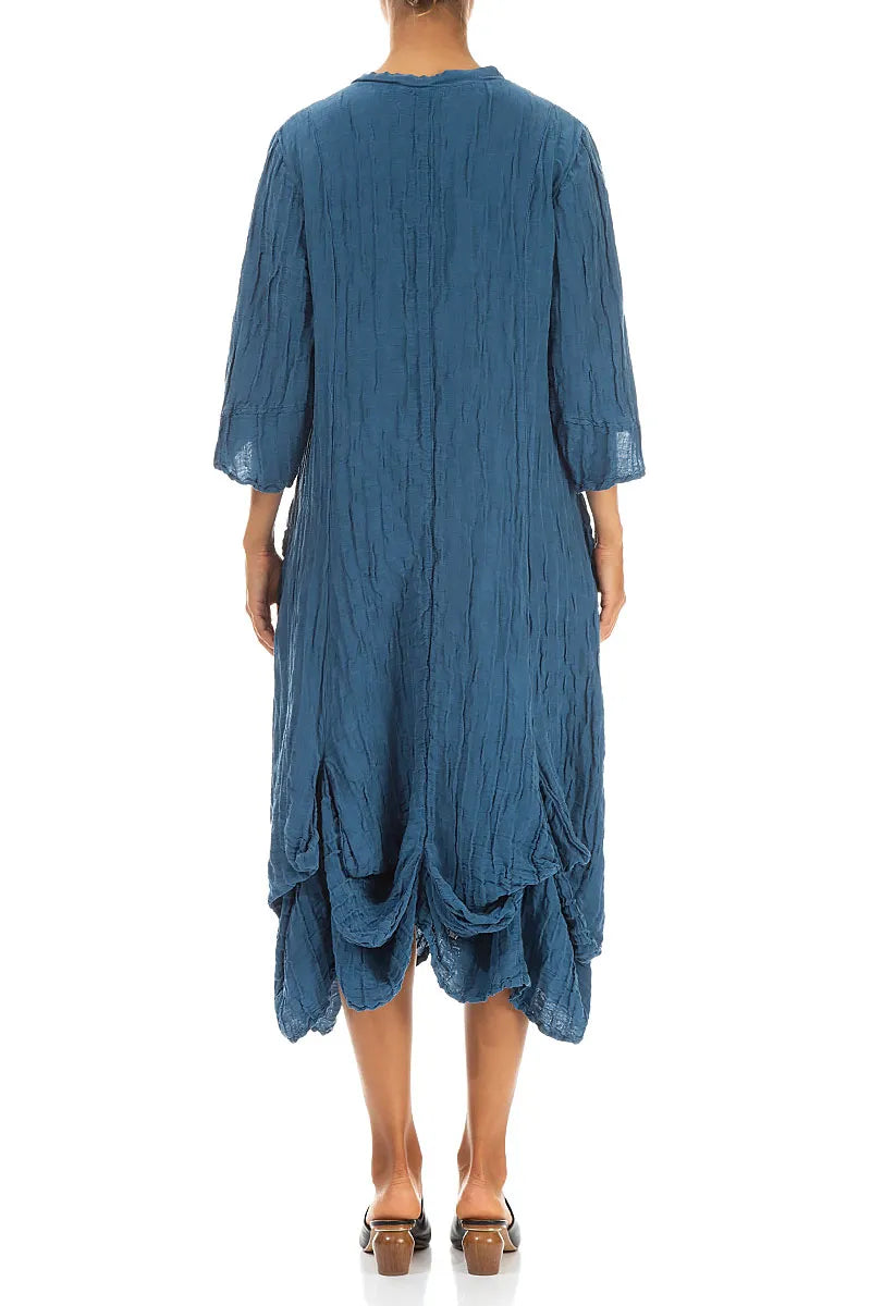 Draped Crinkled Denim Blue Silk Linen Dress 2