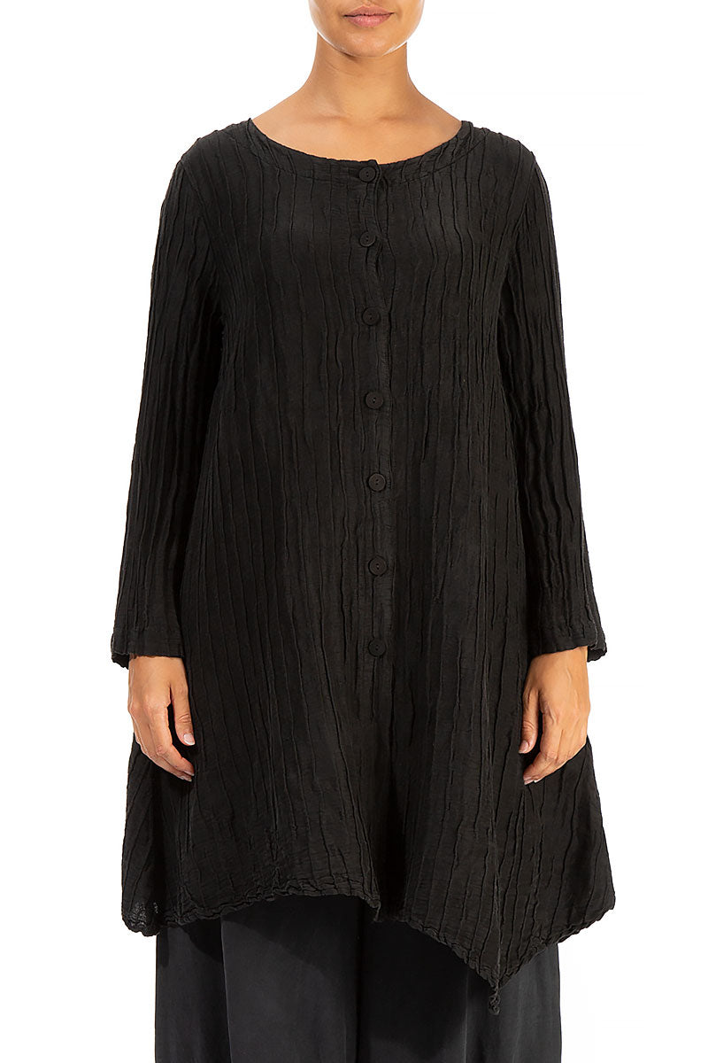 Dropped Side Crinkled Black Silk Linen Jacket 1