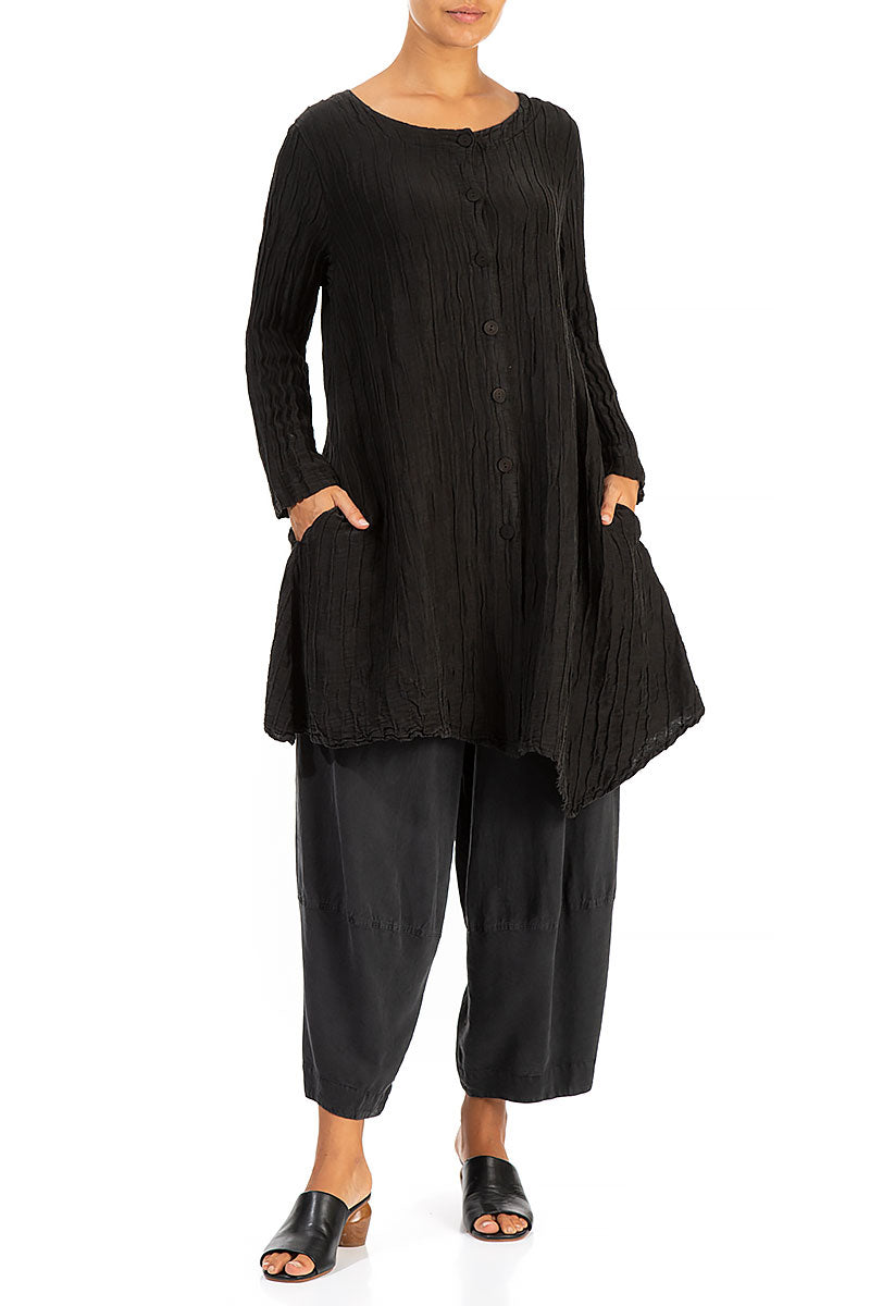 Dropped Side Crinkled Black Silk Linen Jacket 4