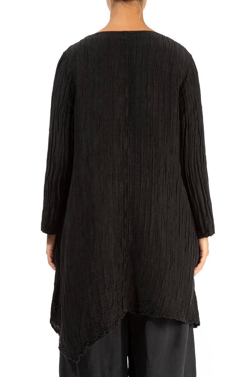 Dropped Side Crinkled Black Silk Linen Jacket 2