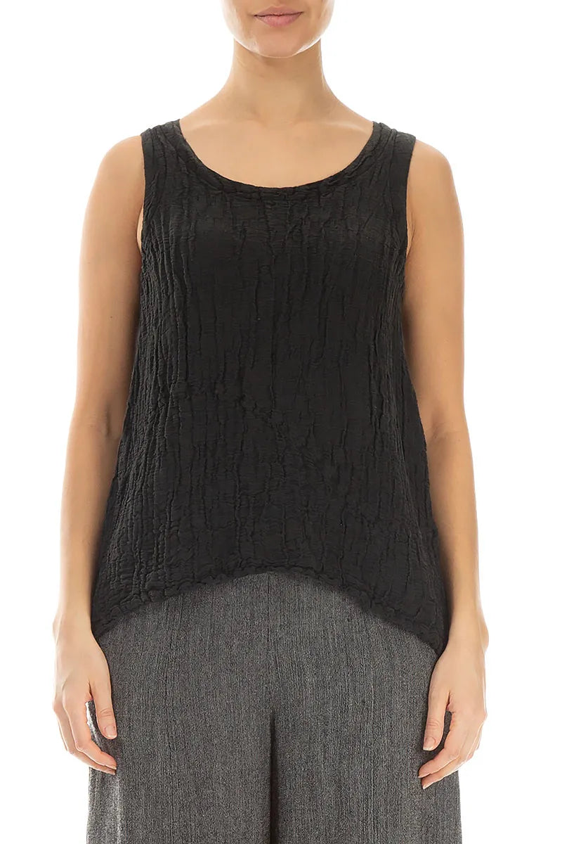 Dropped Sides Black Crinkled Silk Linen Blouse