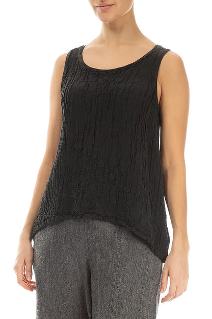 Dropped Sides Black Crinkled Silk Linen Blouse