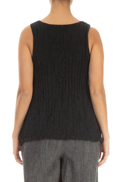 Dropped Sides Black Crinkled Silk Linen Blouse