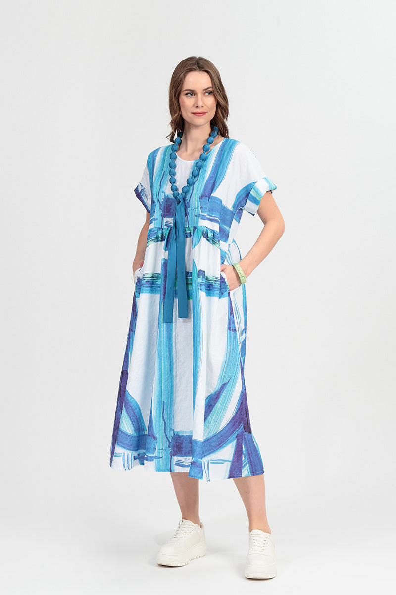 Empire Waist Blue Brushstroke Linen Dress 1
