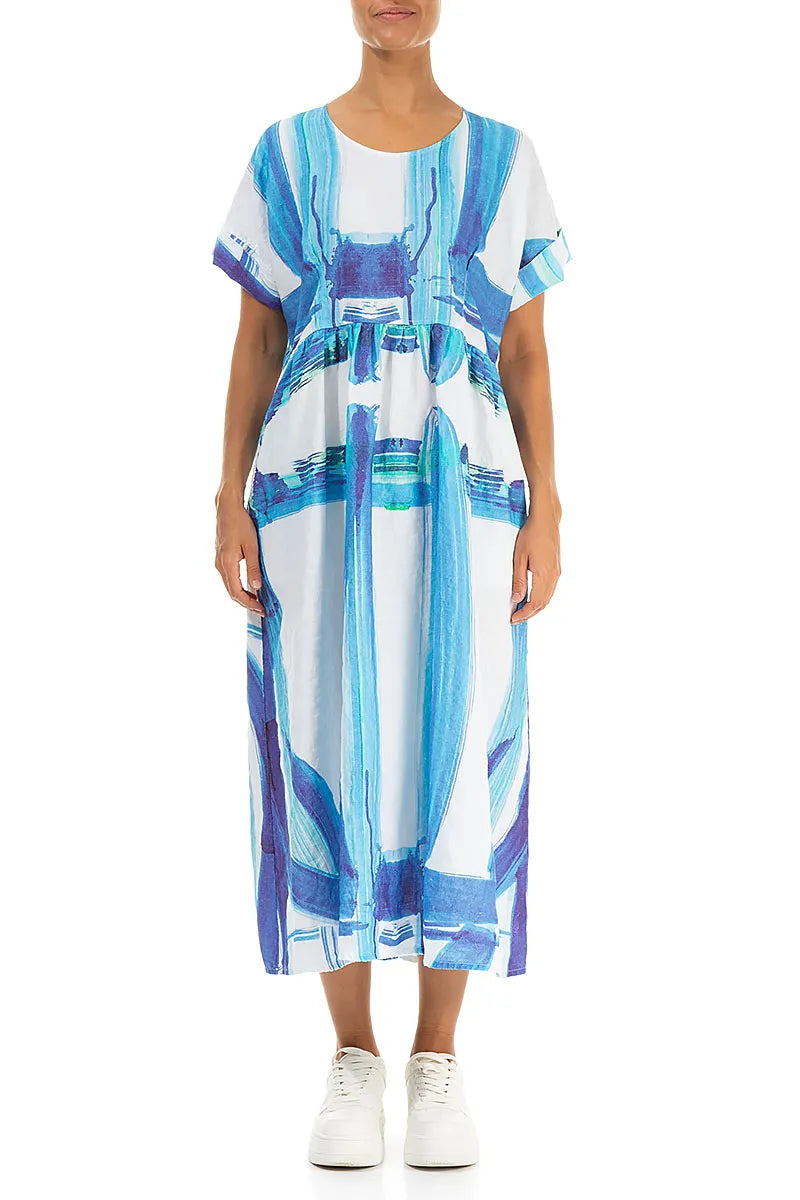 Empire Waist Blue Brushstroke Linen Dress 2