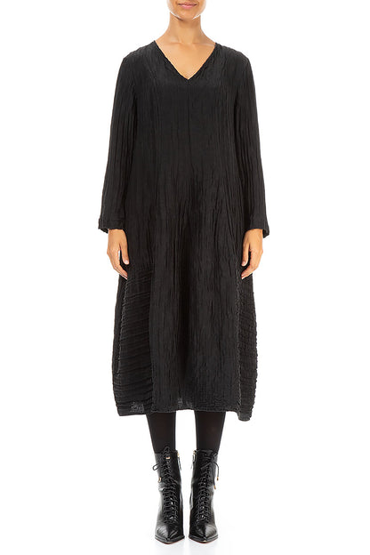 Long Sleeves V-Neck Crinkled Black Silk Dress 1