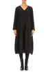 Long Sleeves V-Neck Crinkled Black Silk Dress 1