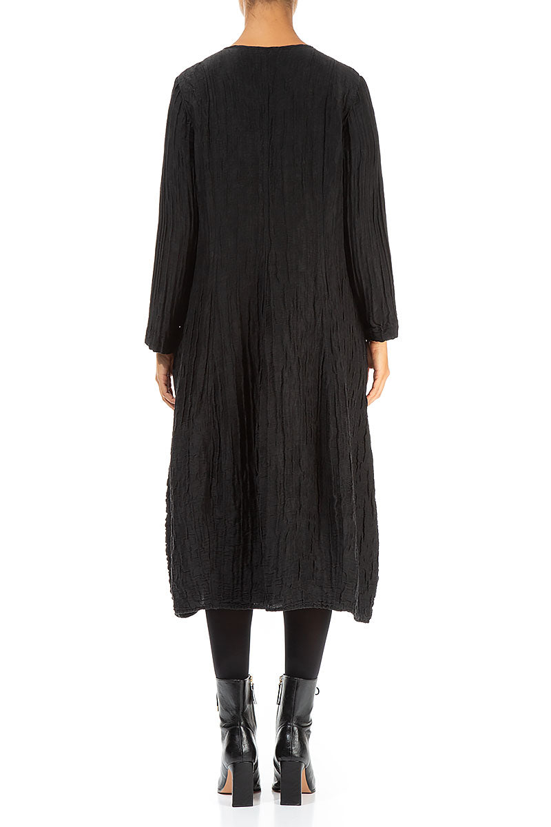 Long Sleeves V-Neck Crinkled Black Silk Dress 2