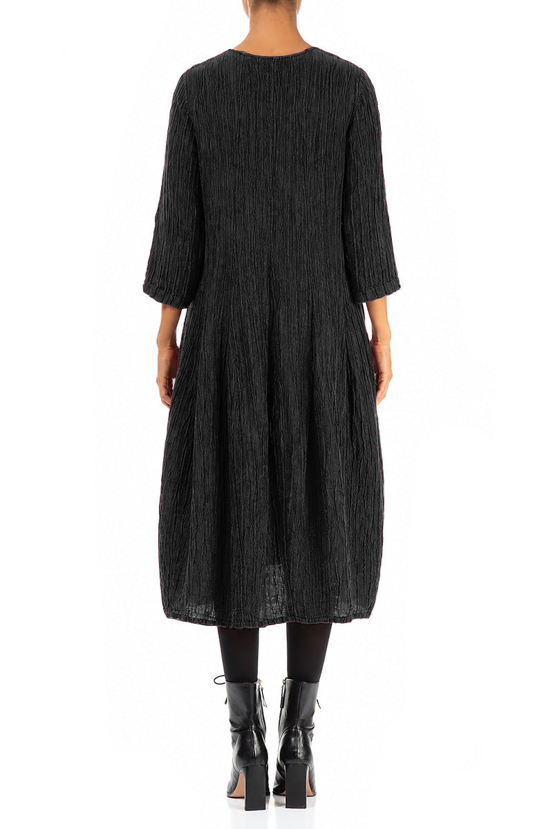 Flared Balloon Crinkled Black Silk Dress 2