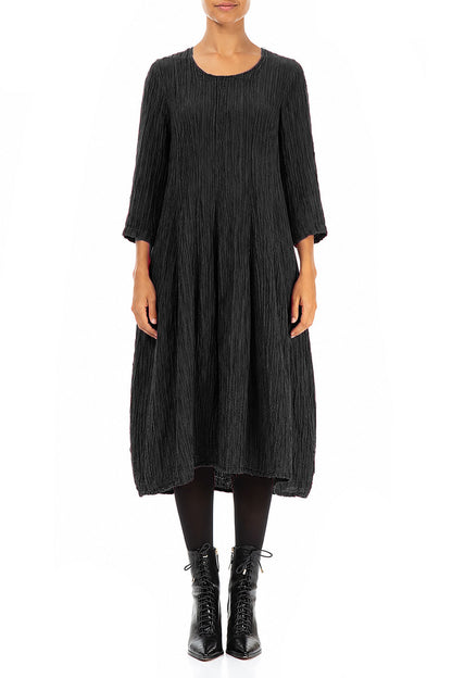 Flared Balloon Crinkled Black Silk Dress 1