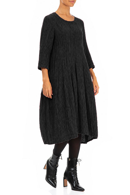 Flared Balloon Crinkled Black Silk Dress 3
