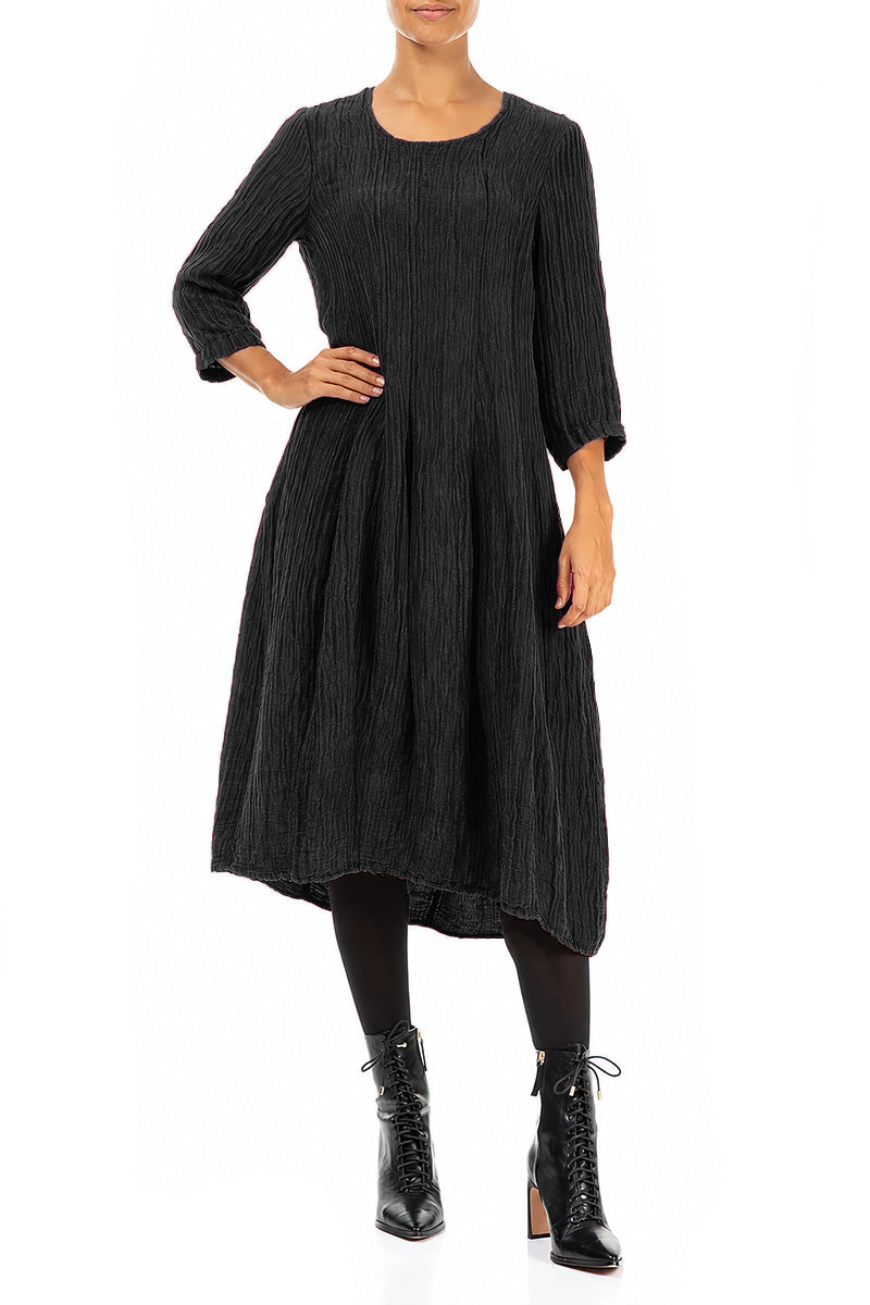 Flared Balloon Crinkled Black Silk Dress 4