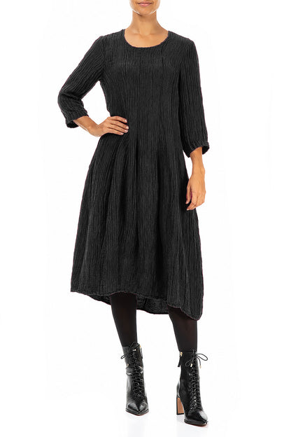 Flared Balloon Crinkled Black Silk Dress 4