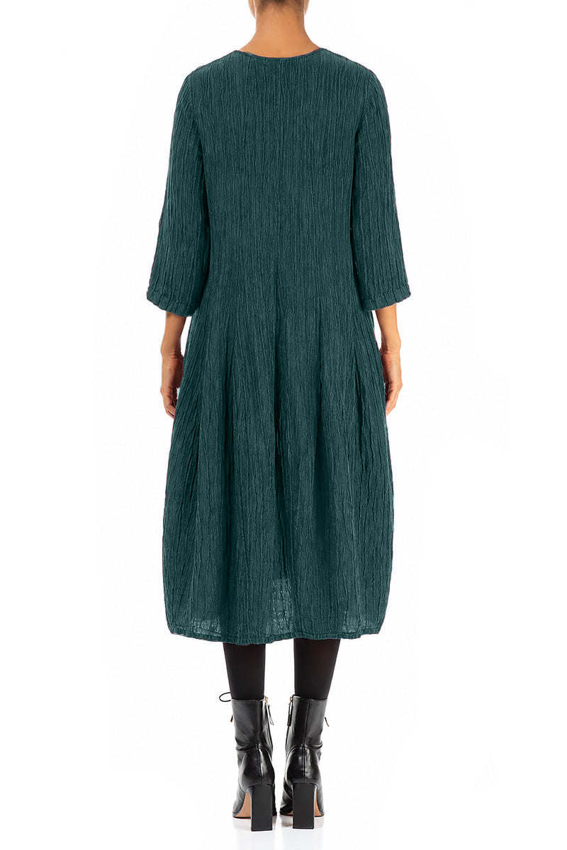 Flared Balloon Crinkled Deep Turquoise Silk Dress 2