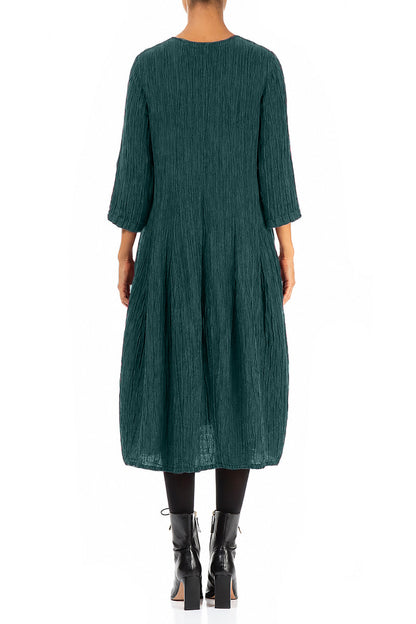 Flared Balloon Crinkled Deep Turquoise Silk Dress 2