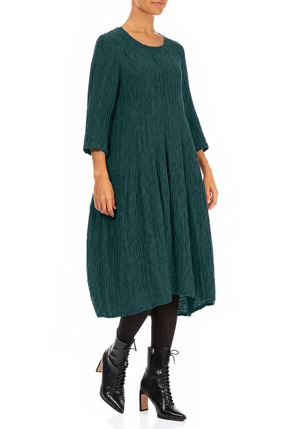 Flared Balloon Crinkled Deep Turquoise Silk Dress 3