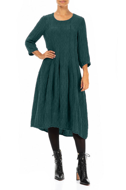 Flared Balloon Crinkled Deep Turquoise Silk Dress 4