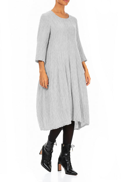 Flared Balloon Crinkled Pearl Grey Silk Dress