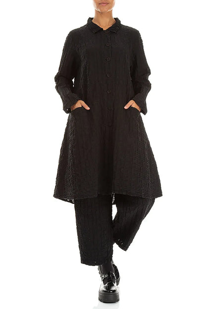 Flared Black Checkered Linen Cotton Jacket 4