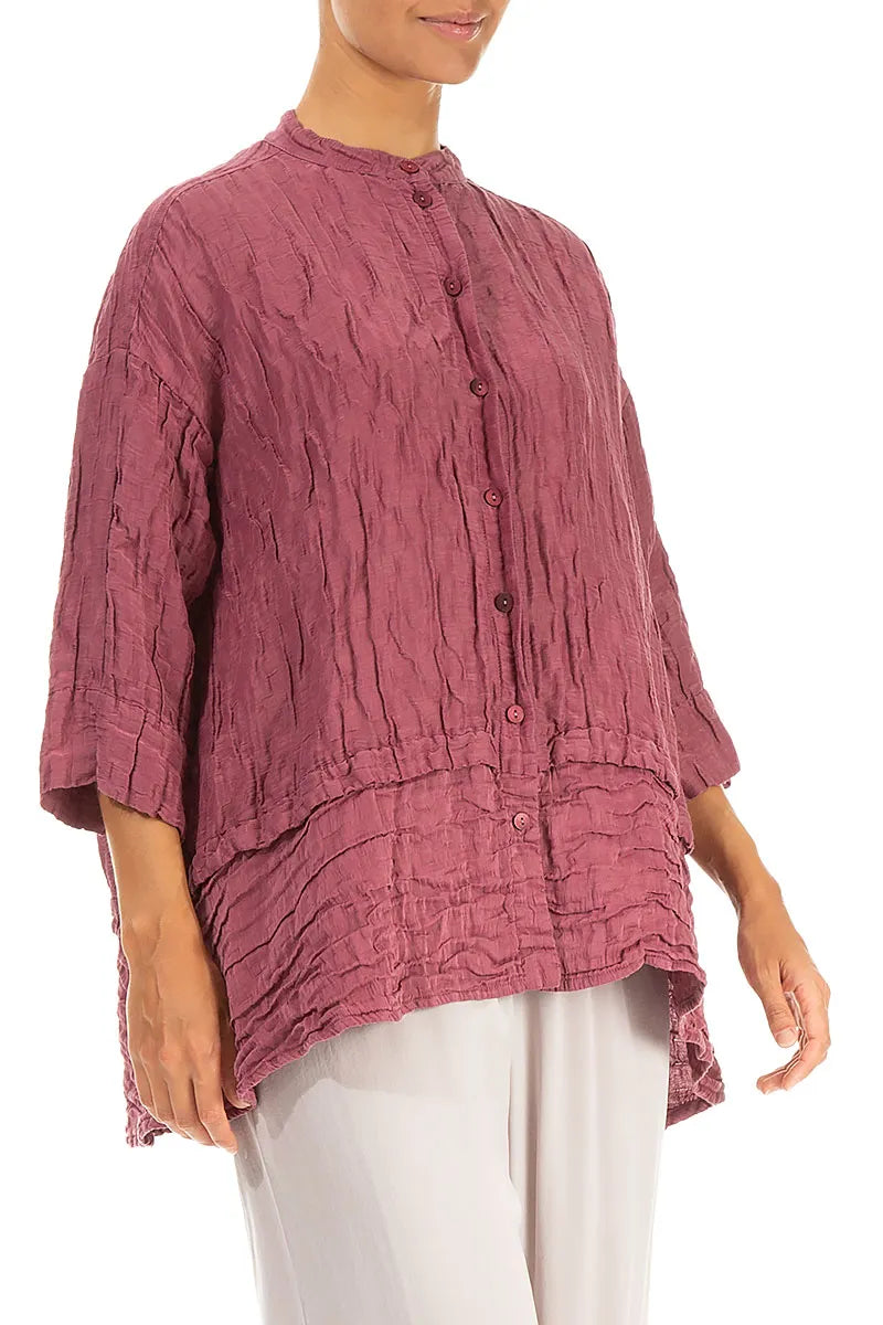 Flared Crinkled Antique Ruby Silk Linen Shirt 3