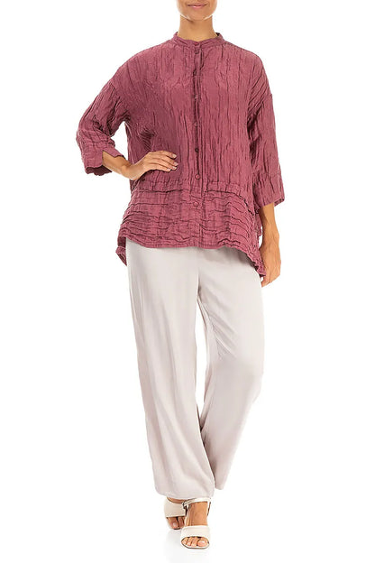 Flared Crinkled Antique Ruby Silk Linen Shirt 4