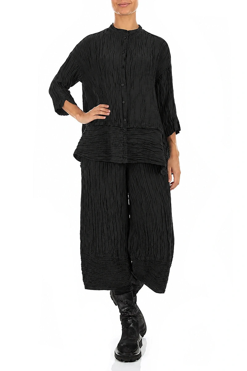 Flared Crinkled Black Silk Linen Shirt 4