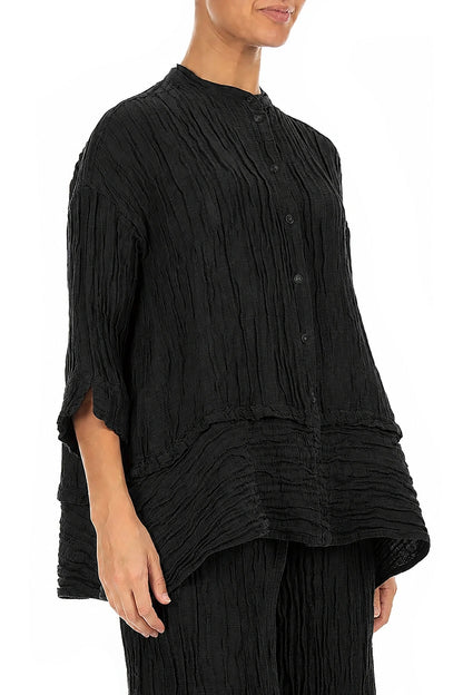 Flared Crinkled Black Silk Linen Shirt 3