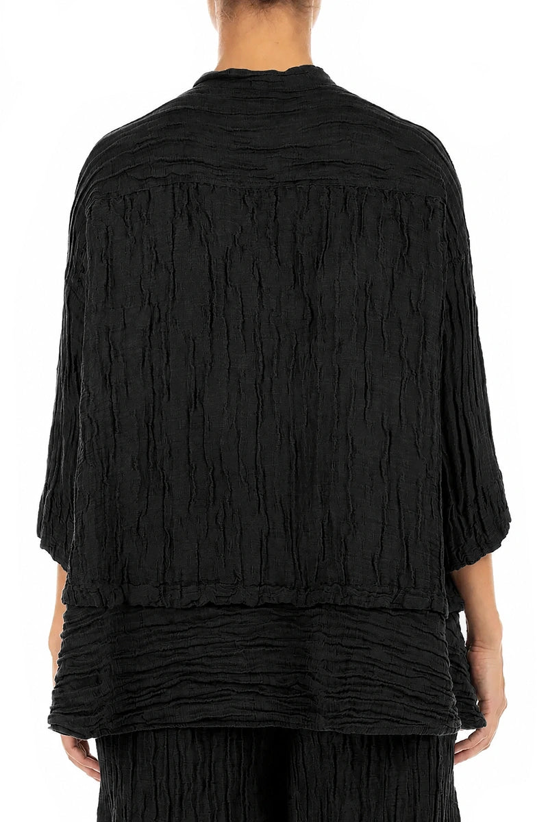 Flared Crinkled Black Silk Linen Shirt 2