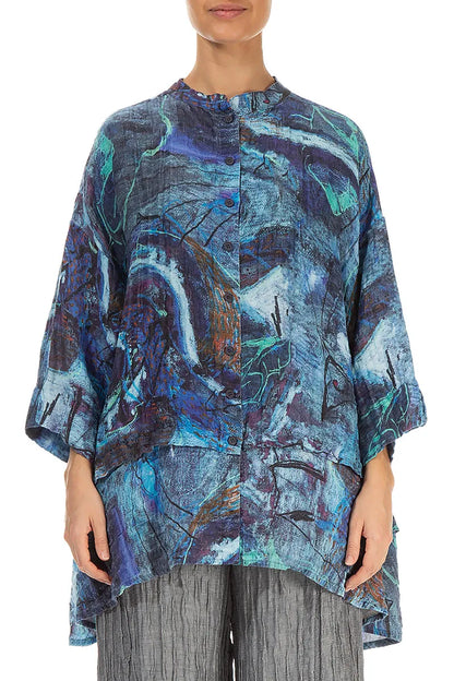 Flared Crinkled Blue Reverie Silk Linen Shirt 2