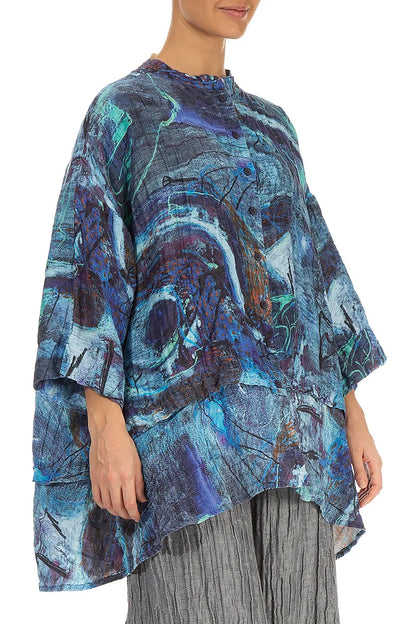Flared Crinkled Blue Reverie Silk Linen Shirt 4