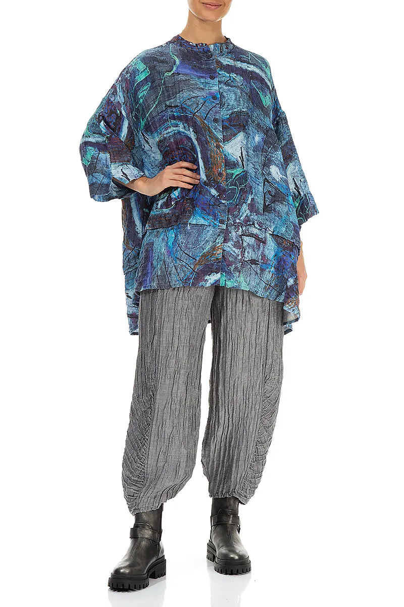 Flared Crinkled Blue Reverie Silk Linen Shirt 5