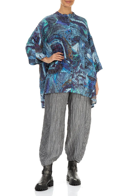 Flared Crinkled Blue Reverie Silk Linen Shirt 5