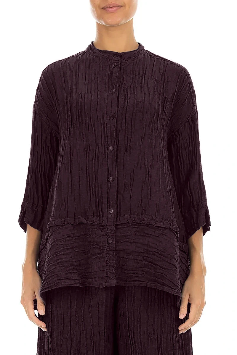 Flared Crinkled Deep Plum Silk Linen Shirt 1