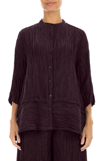 Flared Crinkled Deep Plum Silk Linen Shirt 1