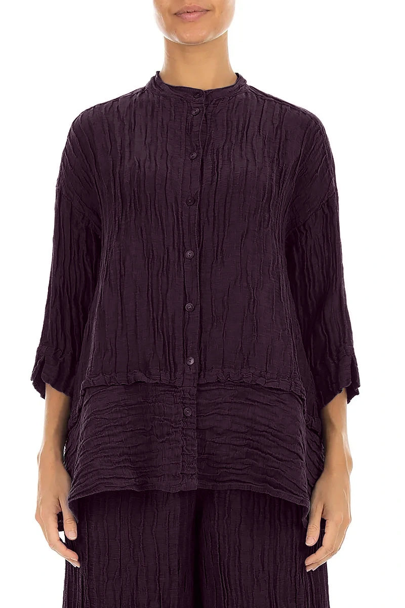 Flared Crinkled Deep Plum Silk Linen Shirt 1