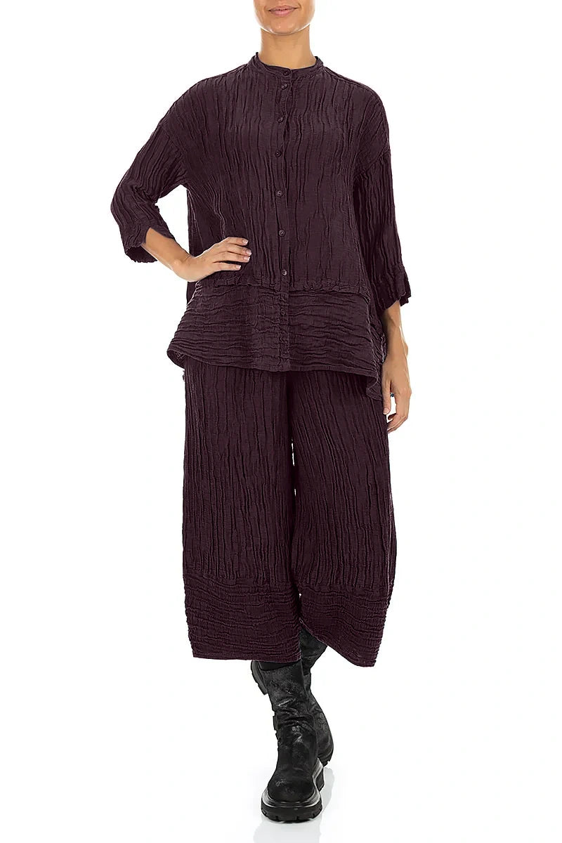 Flared Crinkled Deep Plum Silk Linen Shirt 4