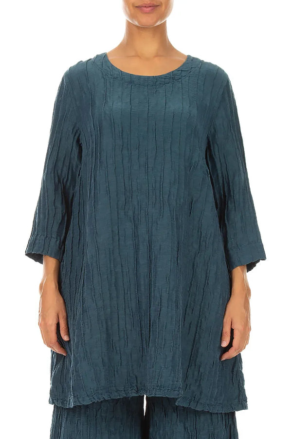 Flared Crinkled Deep Turquoise Silk Linen Tunic 1