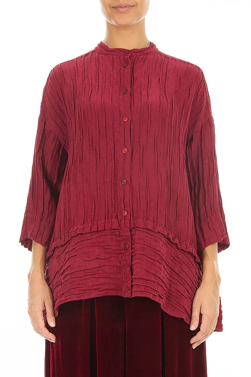 Flared Crinkled Ruby Silk Linen Shirt