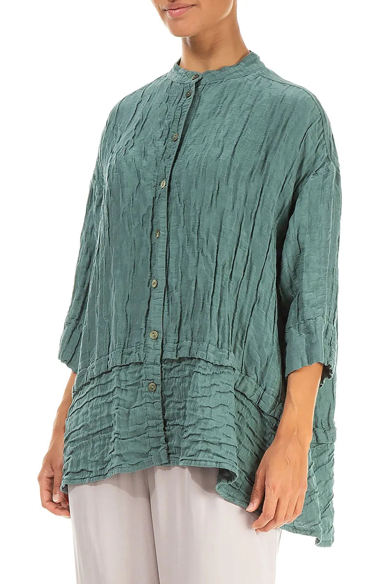 Flared Crinkled Sage Silk Linen Shirt 3