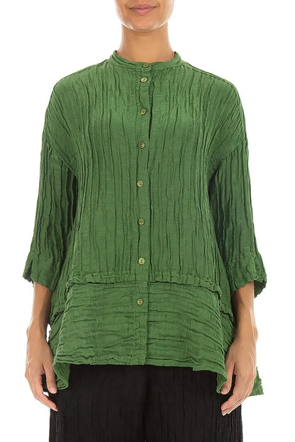Flared Crinkled Shamrock Green Silk Linen Shirt