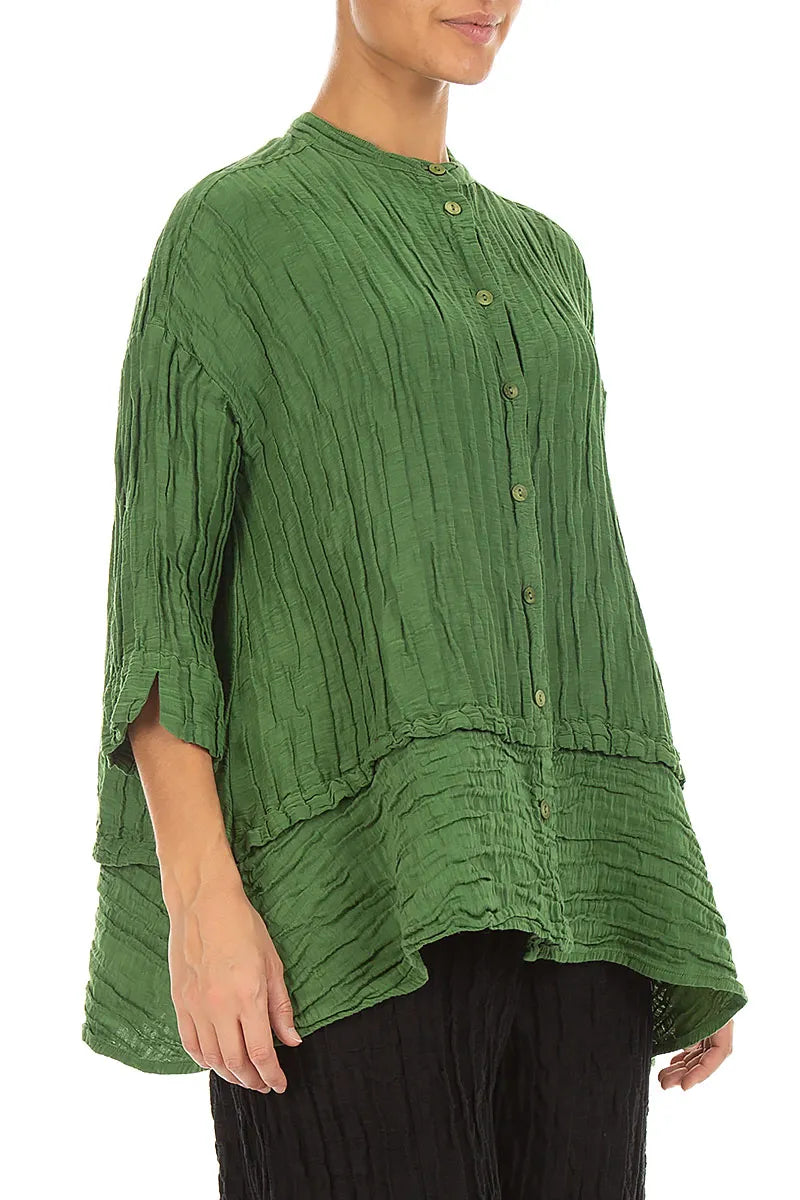 Flared Crinkled Shamrock Green Silk Linen Shirt