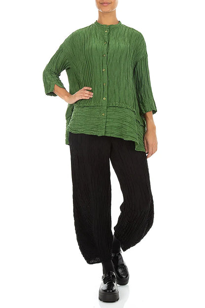 Flared Crinkled Shamrock Green Silk Linen Shirt