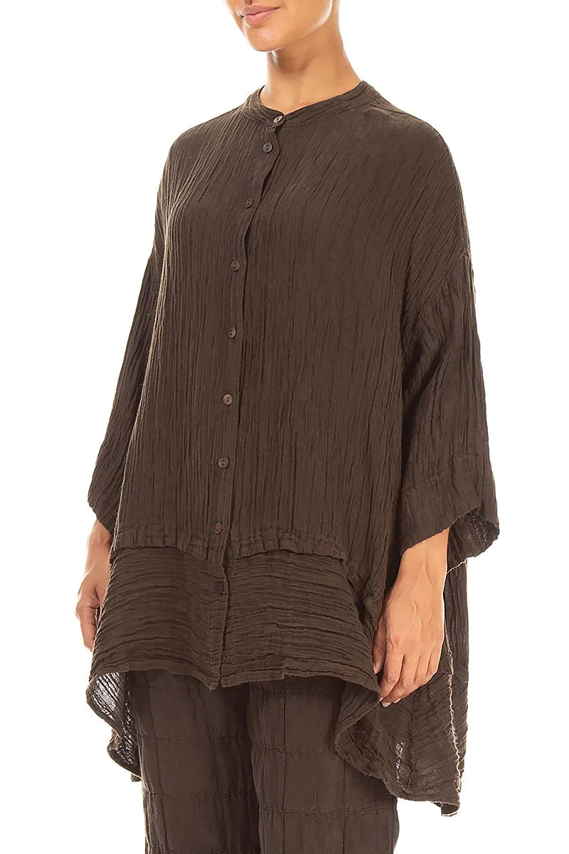 Flared Crinkled Truffle Brown Silk Shirt 3