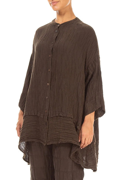 Flared Crinkled Truffle Brown Silk Shirt 3