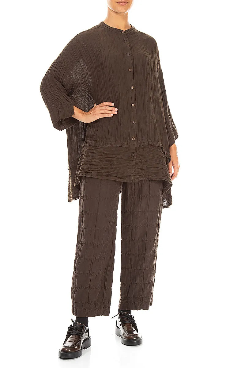 Flared Crinkled Truffle Brown Silk Shirt 4