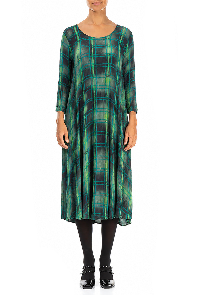 Flared Emerald Grid Silk Viscose Dress 1