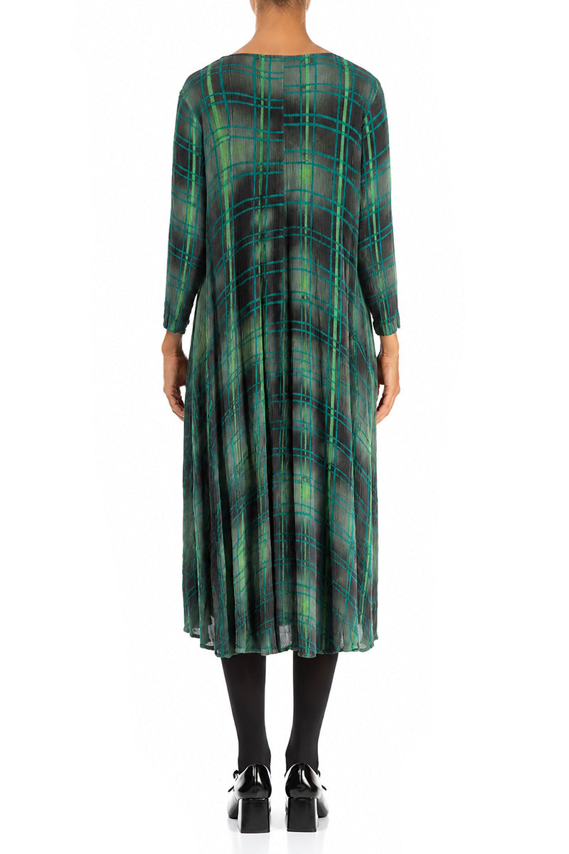 Flared Emerald Grid Silk Viscose Dress 2