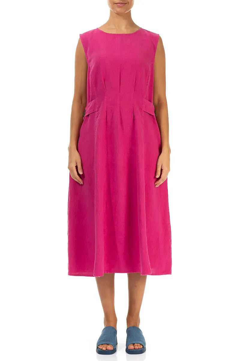 Waist Detail Sleeveless Fuchsia Linen Dress 1