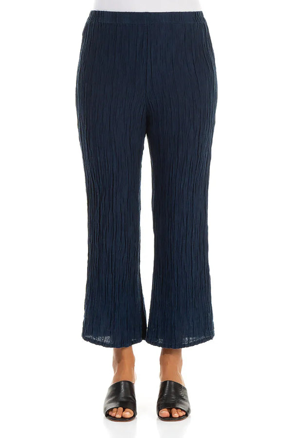 Flared Navy Crinkled Silk Trousers 1