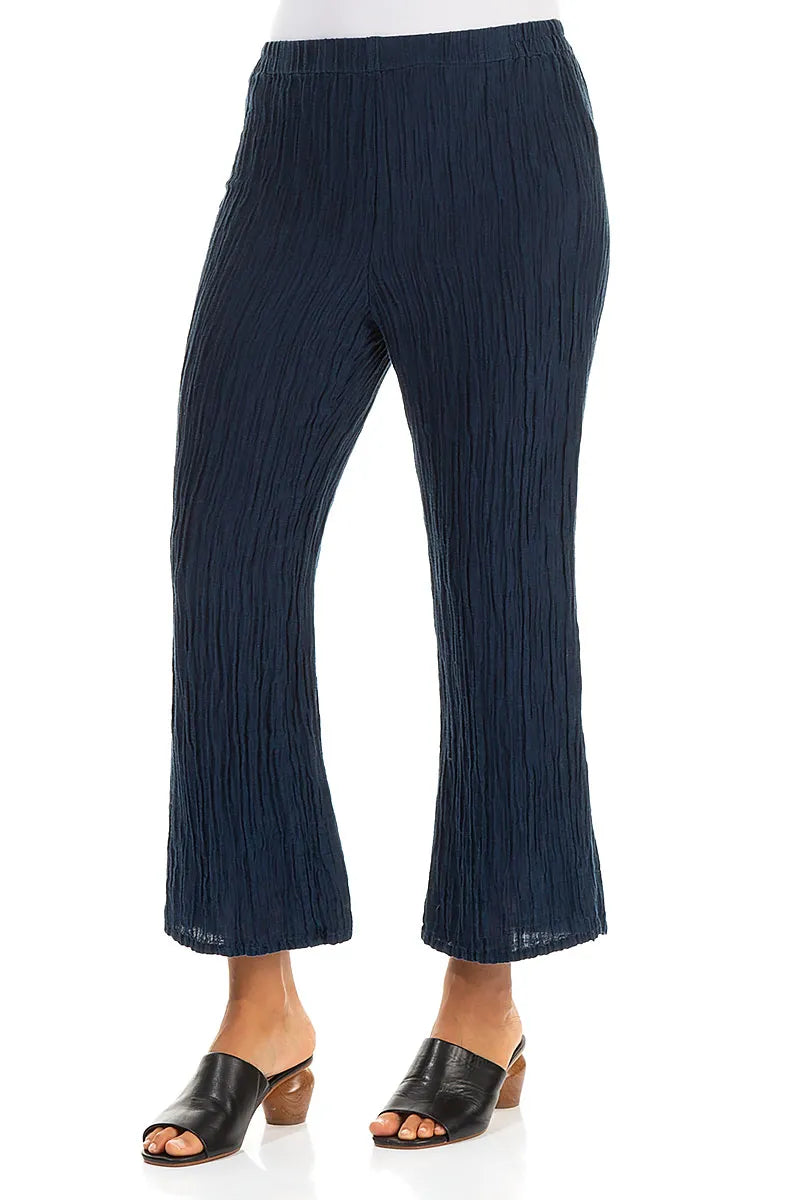 Flared Navy Crinkled Silk Trousers 3